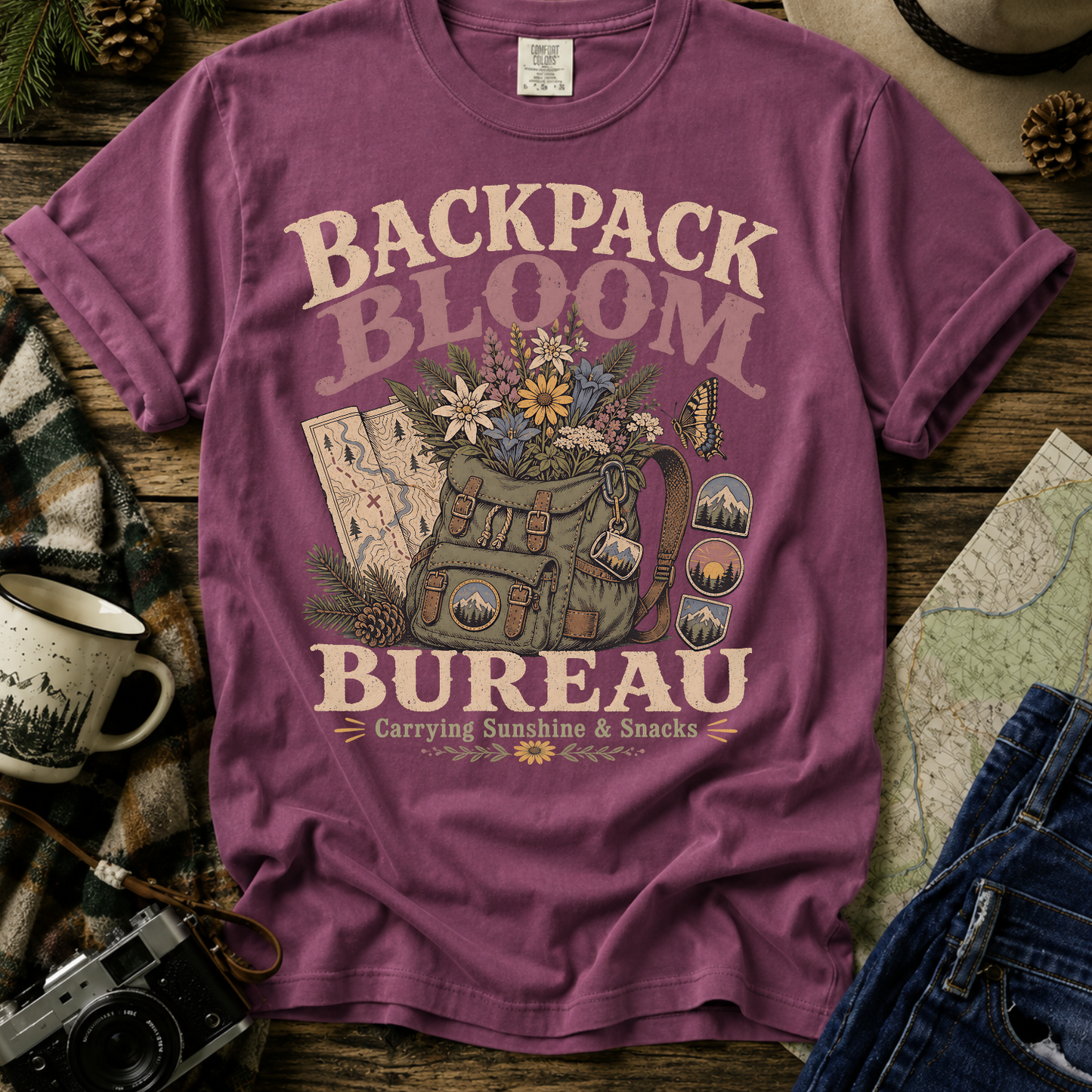 Backpack Bloom Bureau T-Shirt — Botanical Adventure Graphic Tee