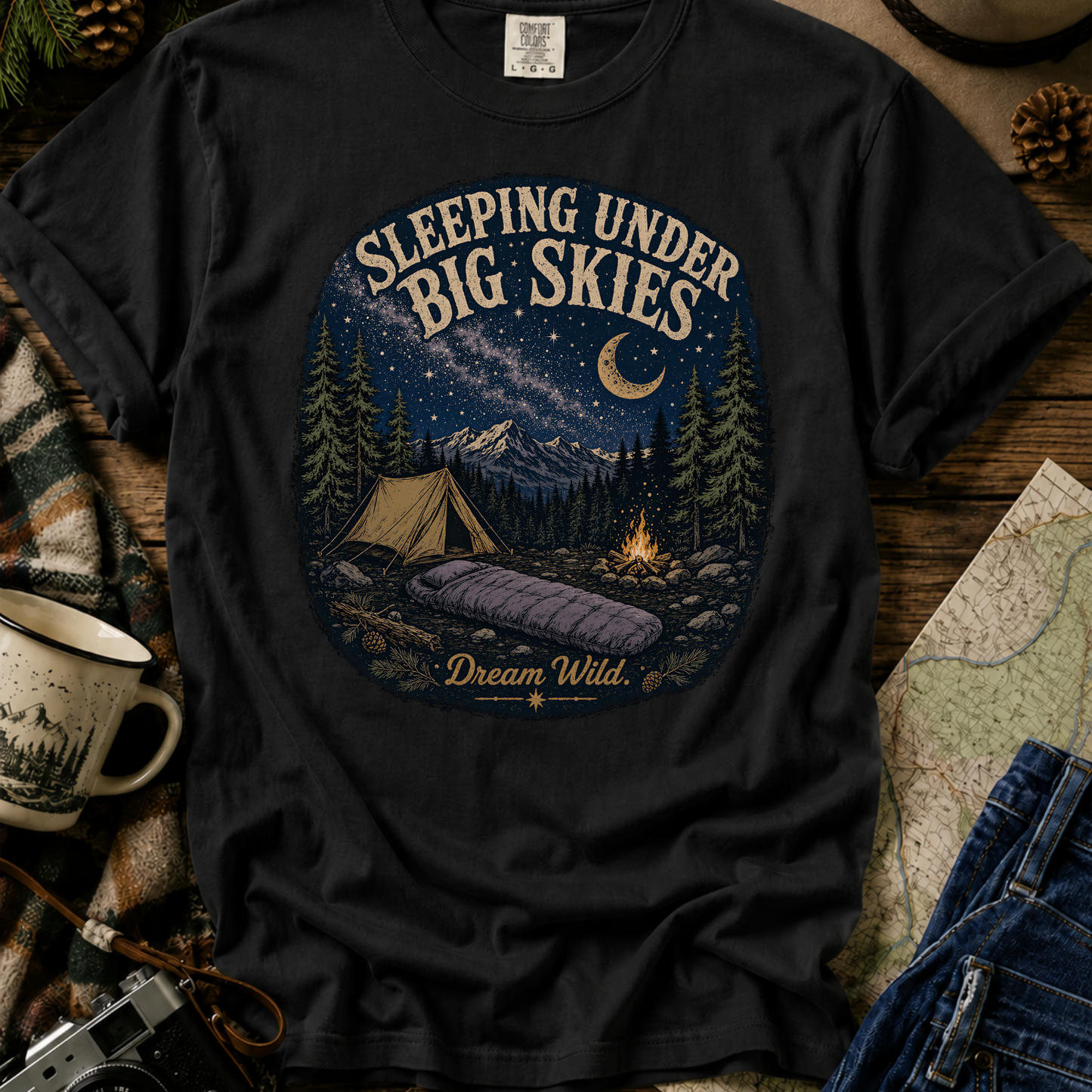 Camping T-Shirt "Sleeping Under Big Skies" Vintage Night Sky Tee