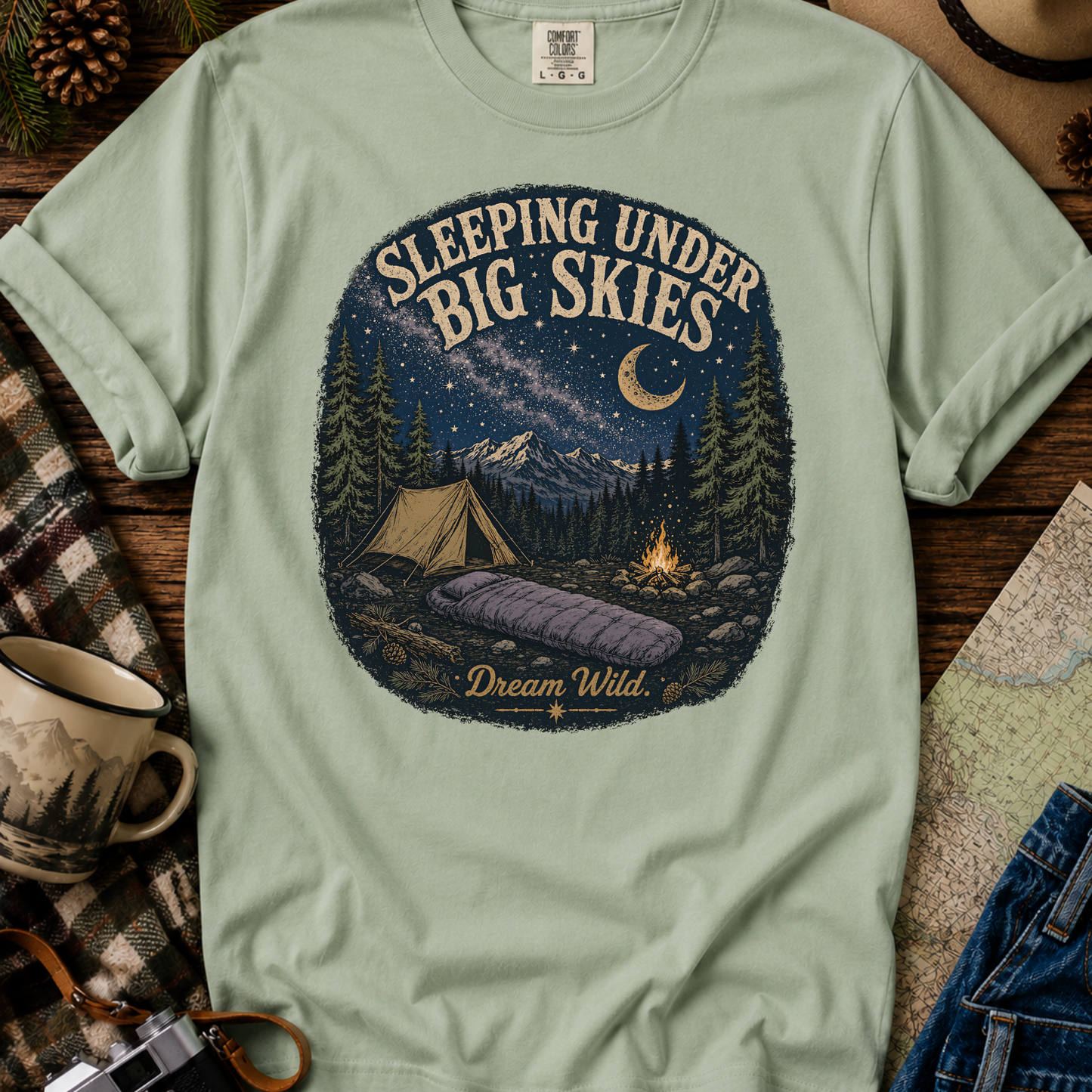 Camping T-Shirt "Sleeping Under Big Skies" Vintage Night Sky Tee