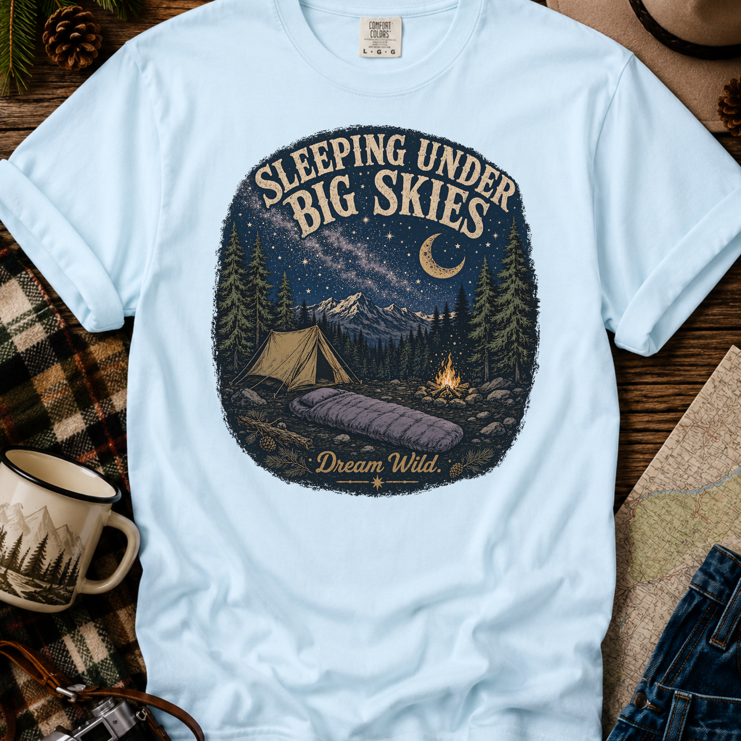 Camping T-Shirt "Sleeping Under Big Skies" Vintage Night Sky Tee