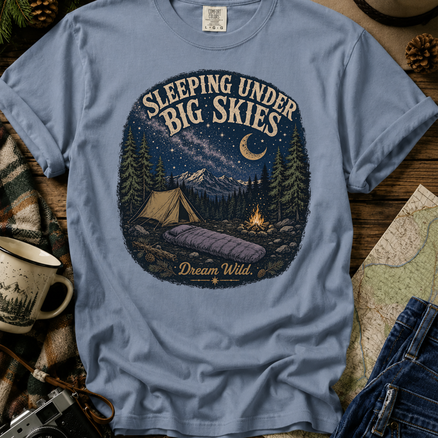 Camping T-Shirt "Sleeping Under Big Skies" Vintage Night Sky Tee