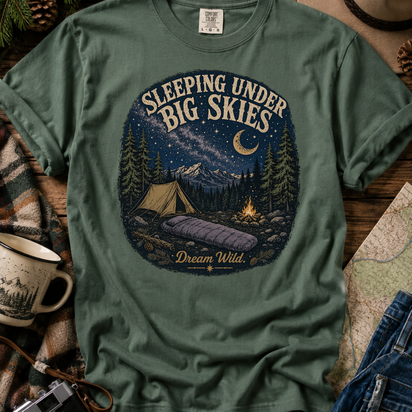 Camping T-Shirt "Sleeping Under Big Skies" Vintage Night Sky Tee