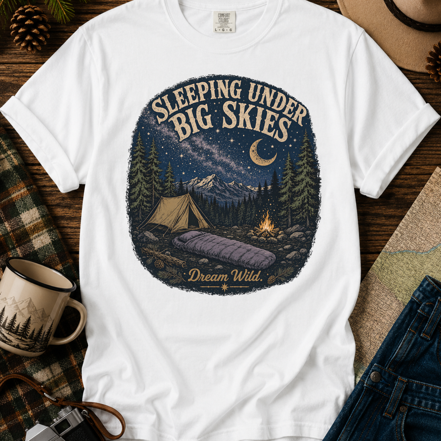Camping T-Shirt "Sleeping Under Big Skies" Vintage Night Sky Tee