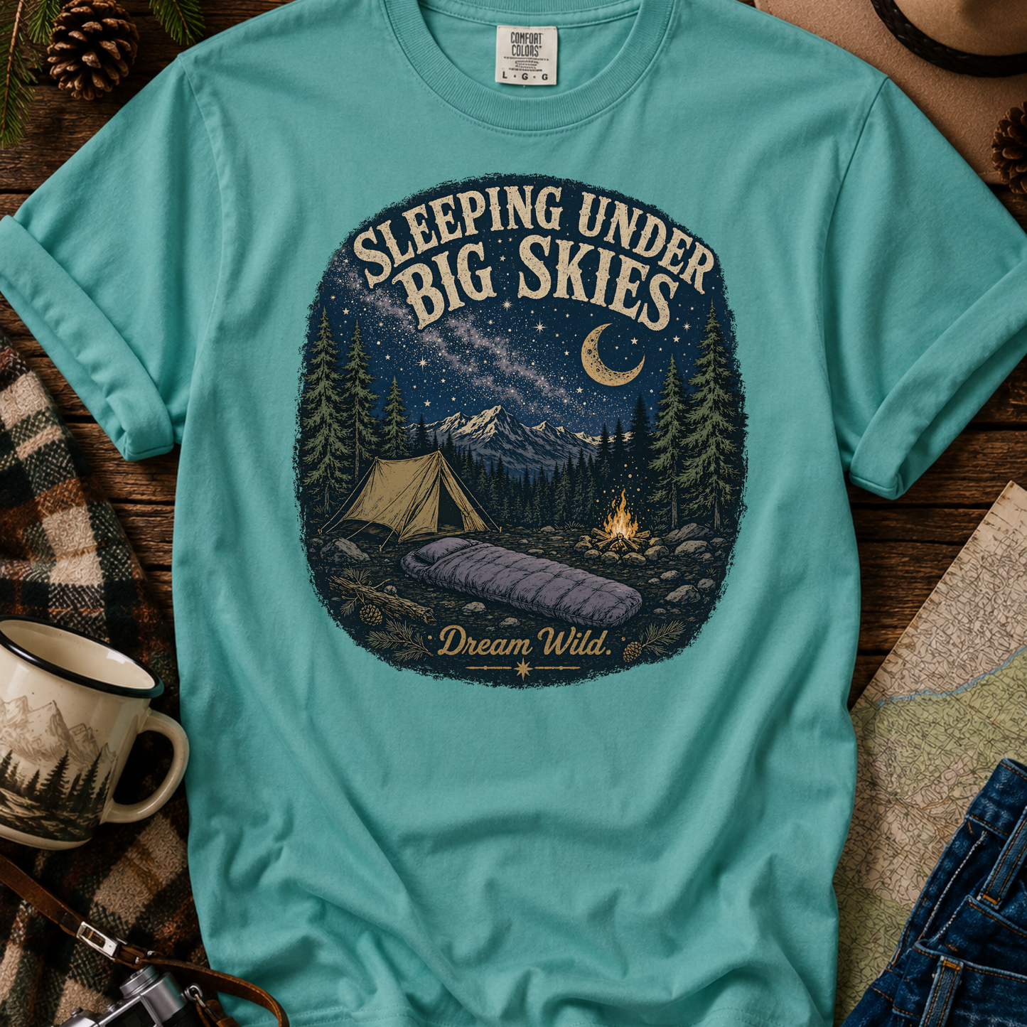 Camping T-Shirt "Sleeping Under Big Skies" Vintage Night Sky Tee