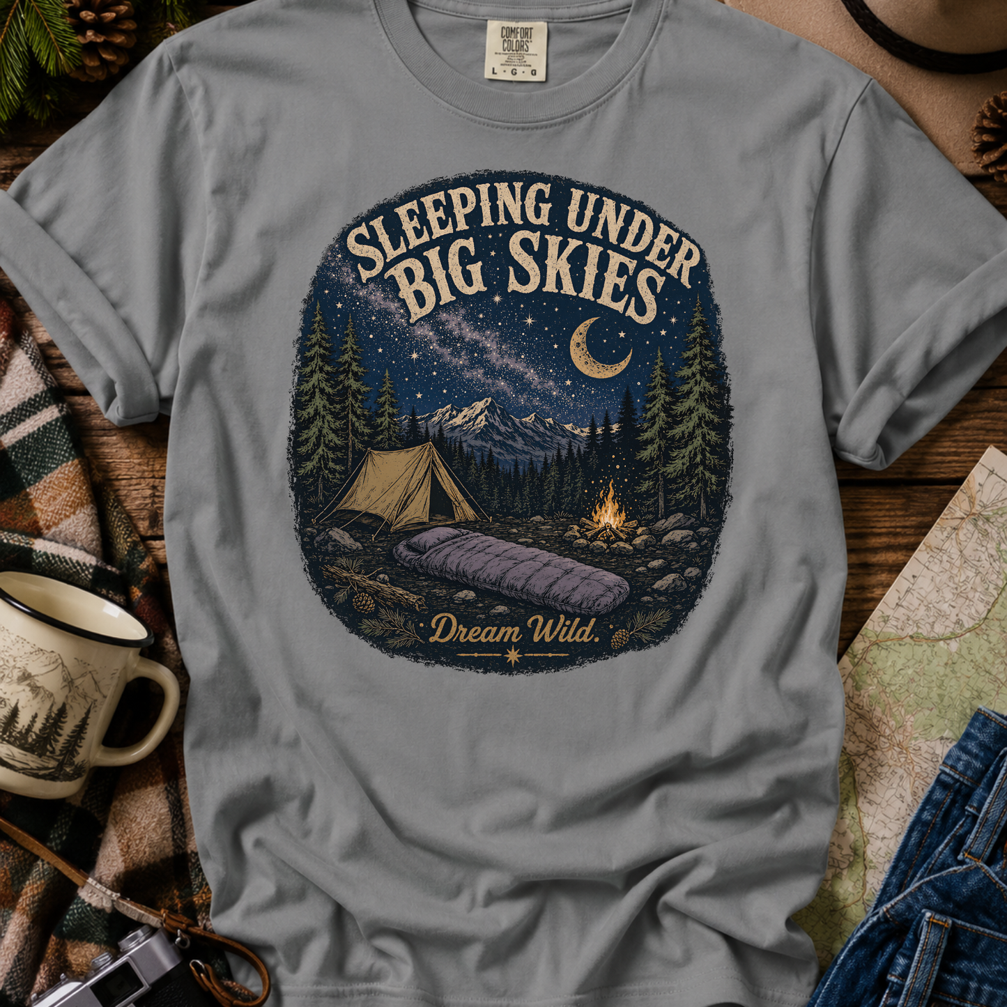 Camping T-Shirt "Sleeping Under Big Skies" Vintage Night Sky Tee