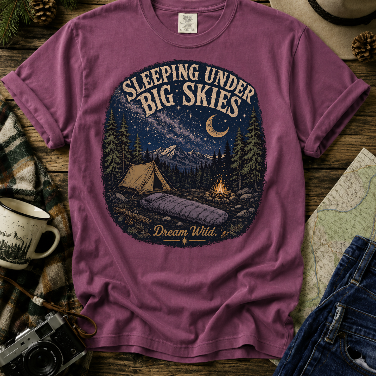 Camping T-Shirt "Sleeping Under Big Skies" Vintage Night Sky Tee
