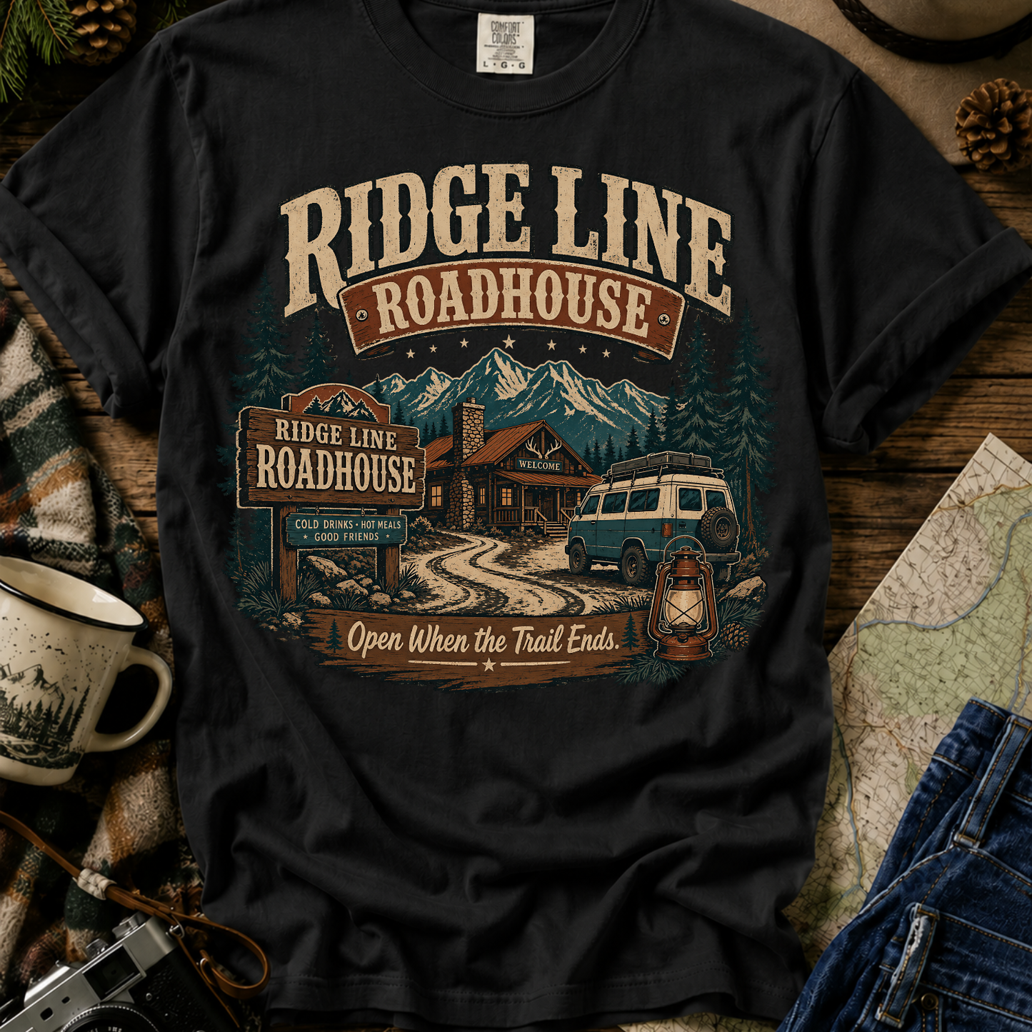 Roadhouse Ridge Line T-Shirt — Vintage Mountain Roadtrip Graphic