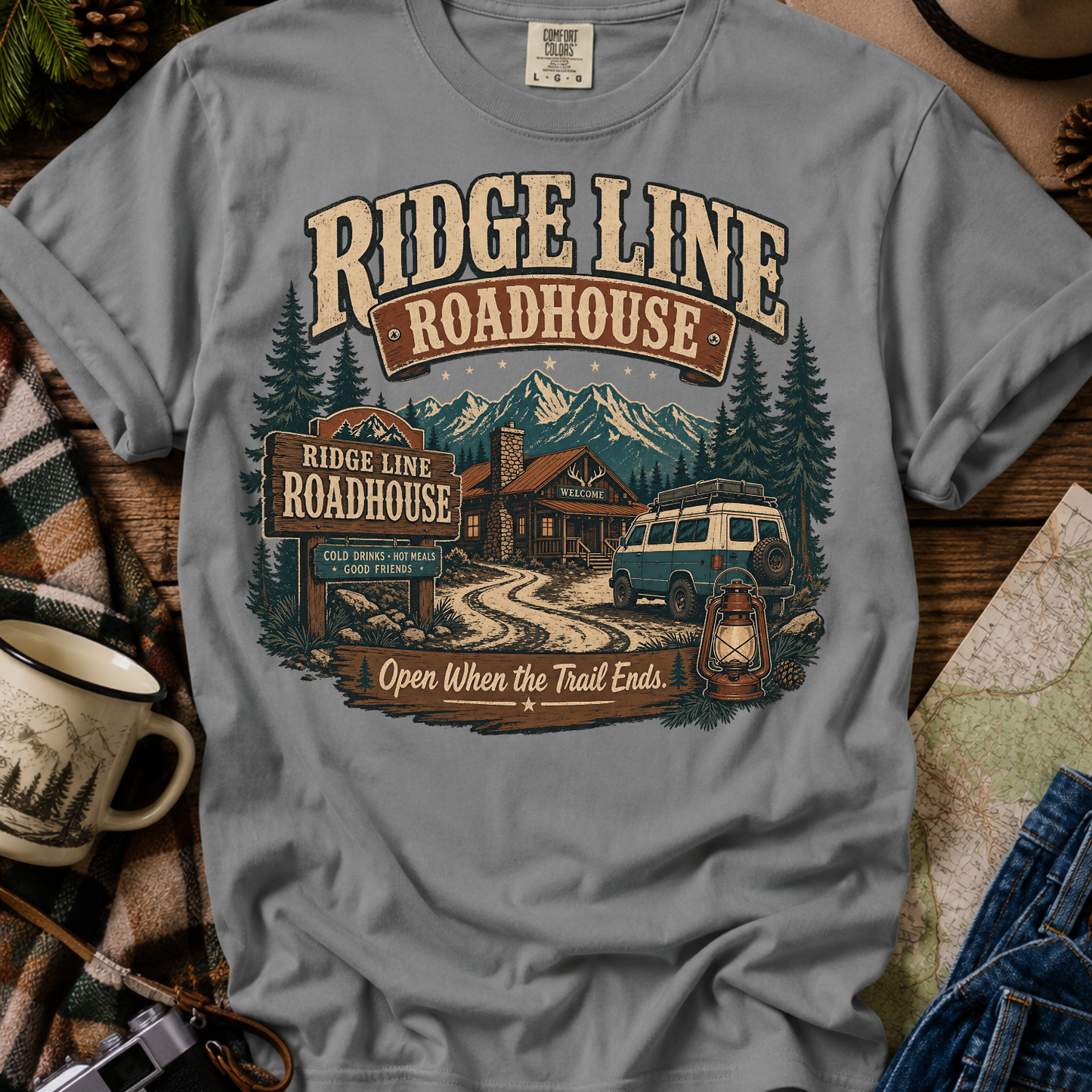 Roadhouse Ridge Line T-Shirt — Vintage Mountain Roadtrip Graphic