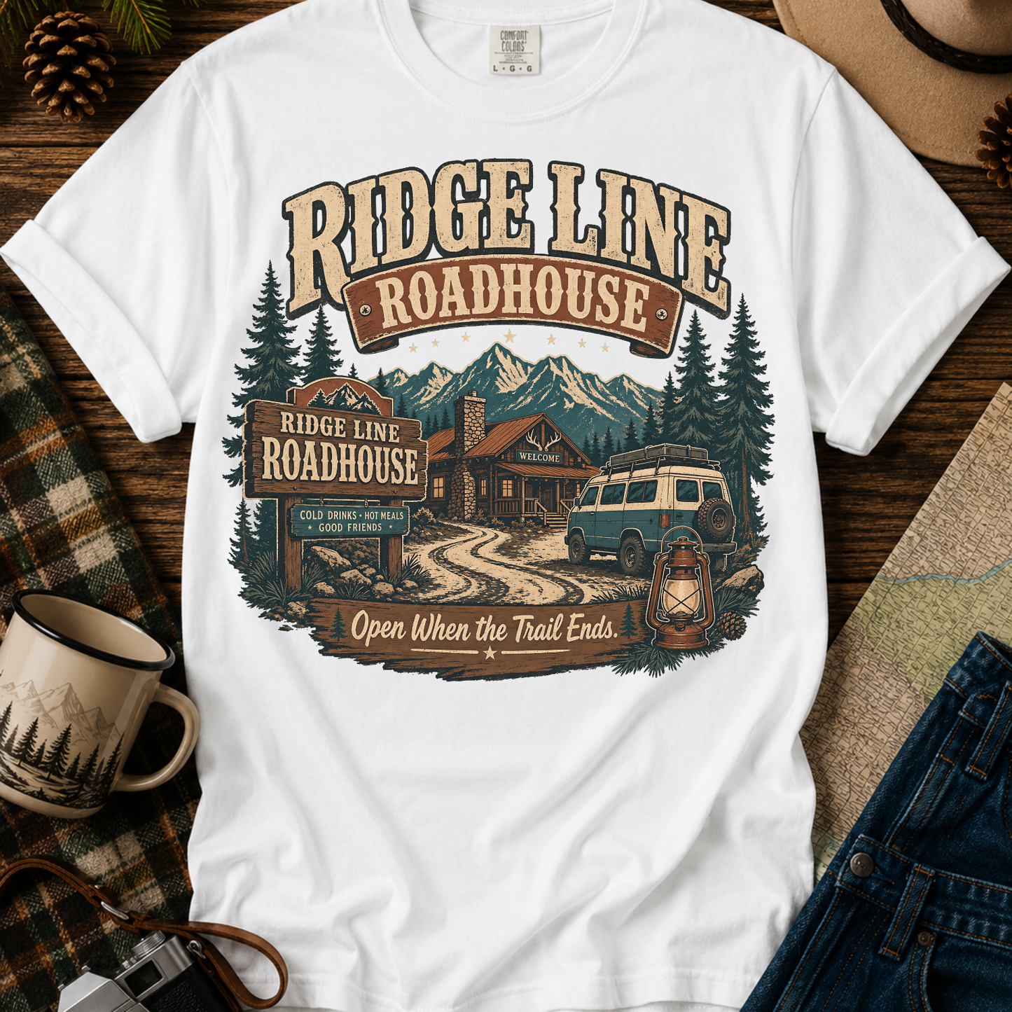 Roadhouse Ridge Line T-Shirt — Vintage Mountain Roadtrip Graphic