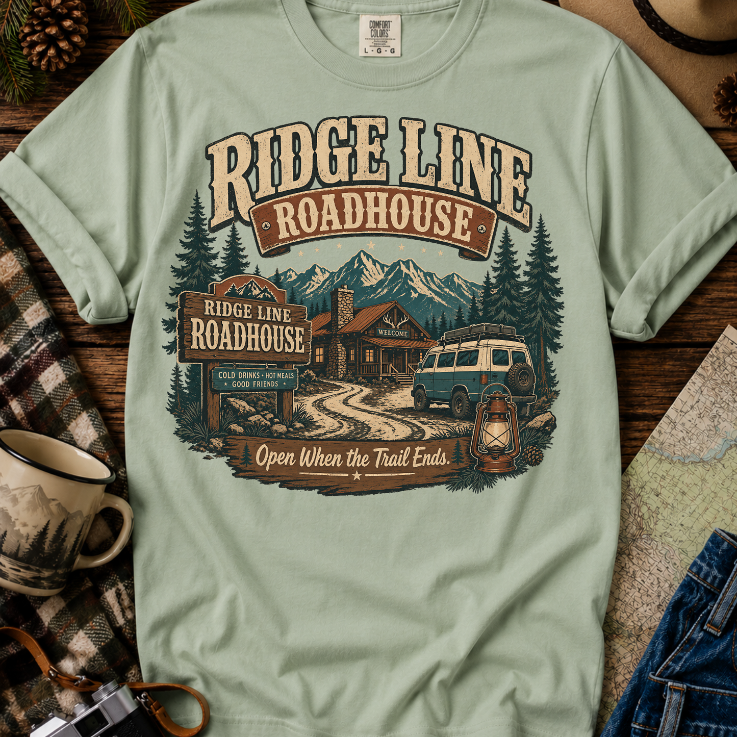 Roadhouse Ridge Line T-Shirt — Vintage Mountain Roadtrip Graphic