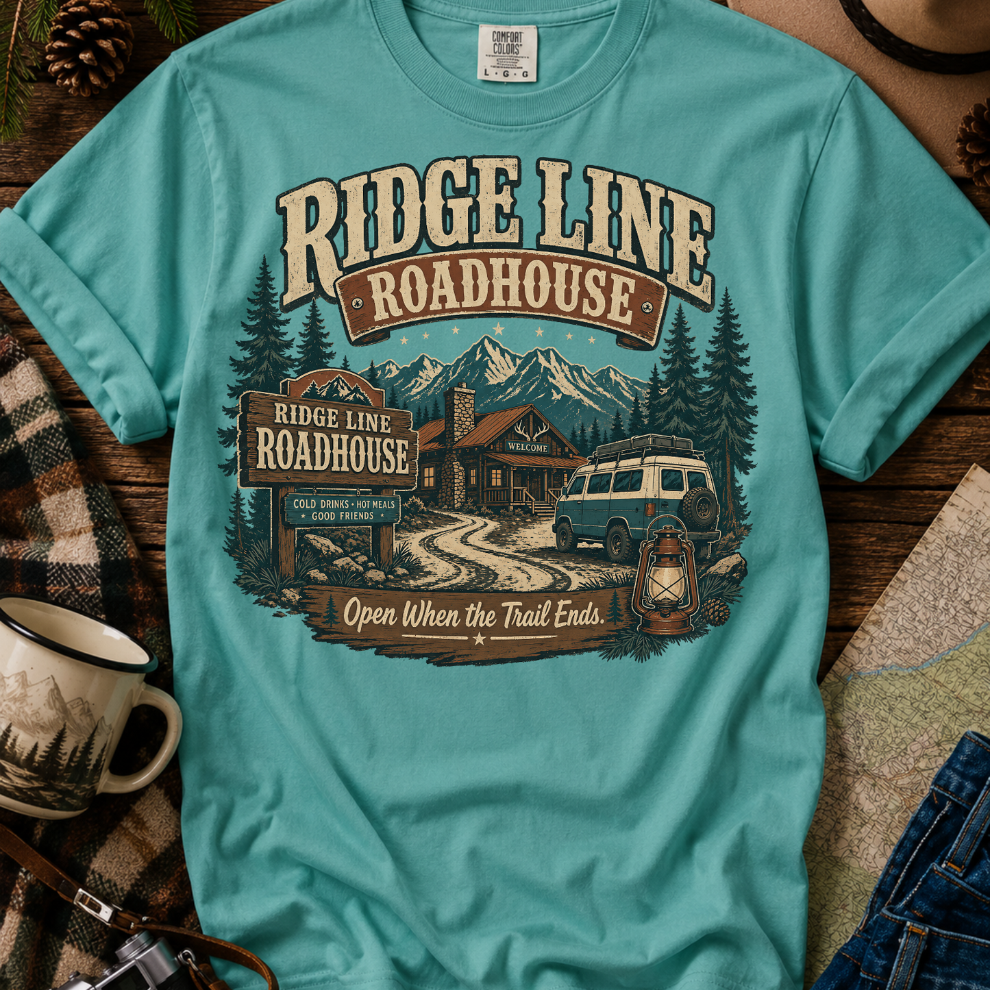 Roadhouse Ridge Line T-Shirt — Vintage Mountain Roadtrip Graphic