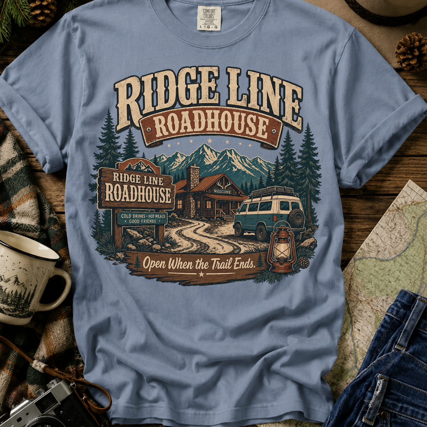 Roadhouse Ridge Line T-Shirt — Vintage Mountain Roadtrip Graphic
