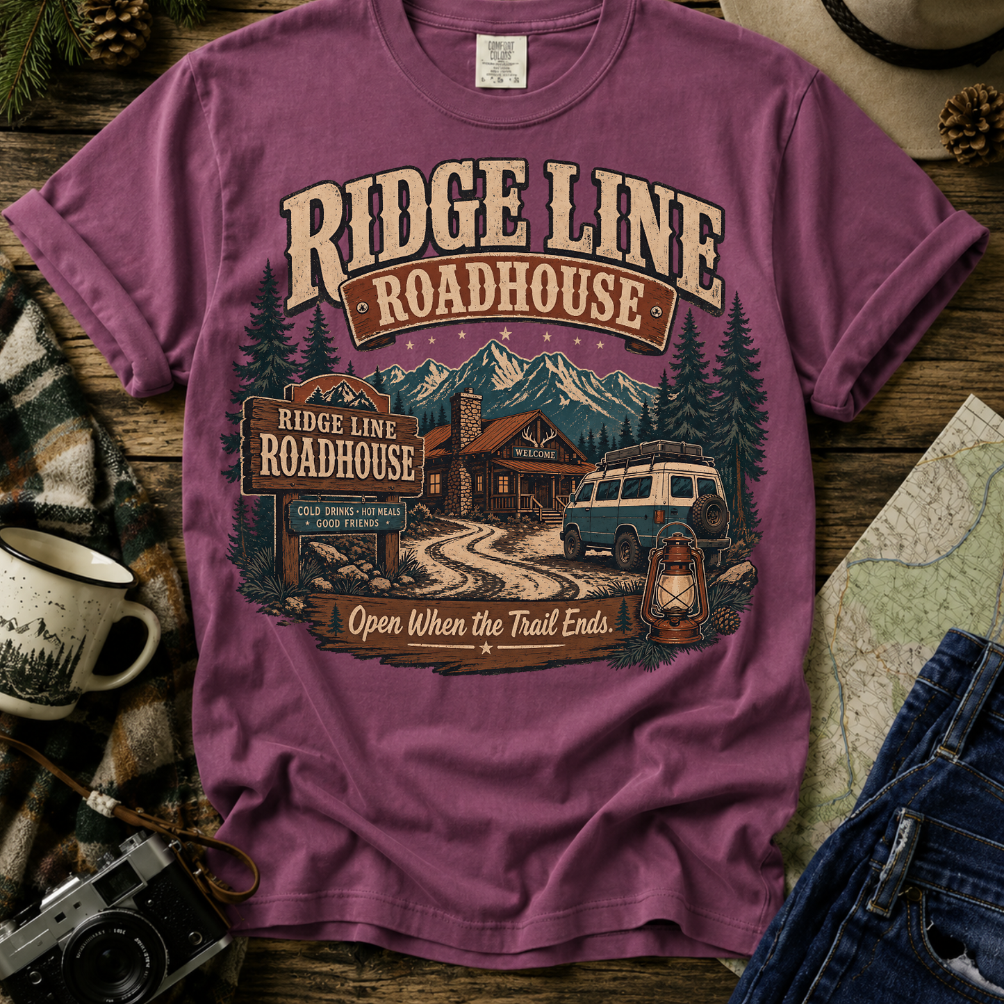 Roadhouse Ridge Line T-Shirt — Vintage Mountain Roadtrip Graphic