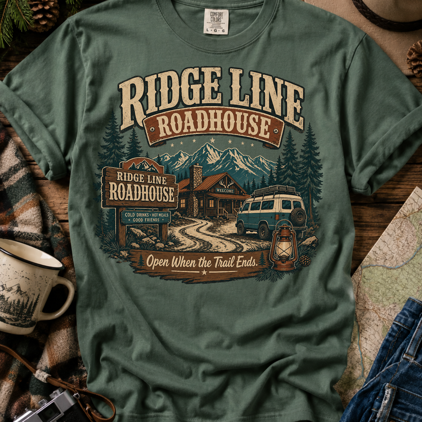 Roadhouse Ridge Line T-Shirt — Vintage Mountain Roadtrip Graphic