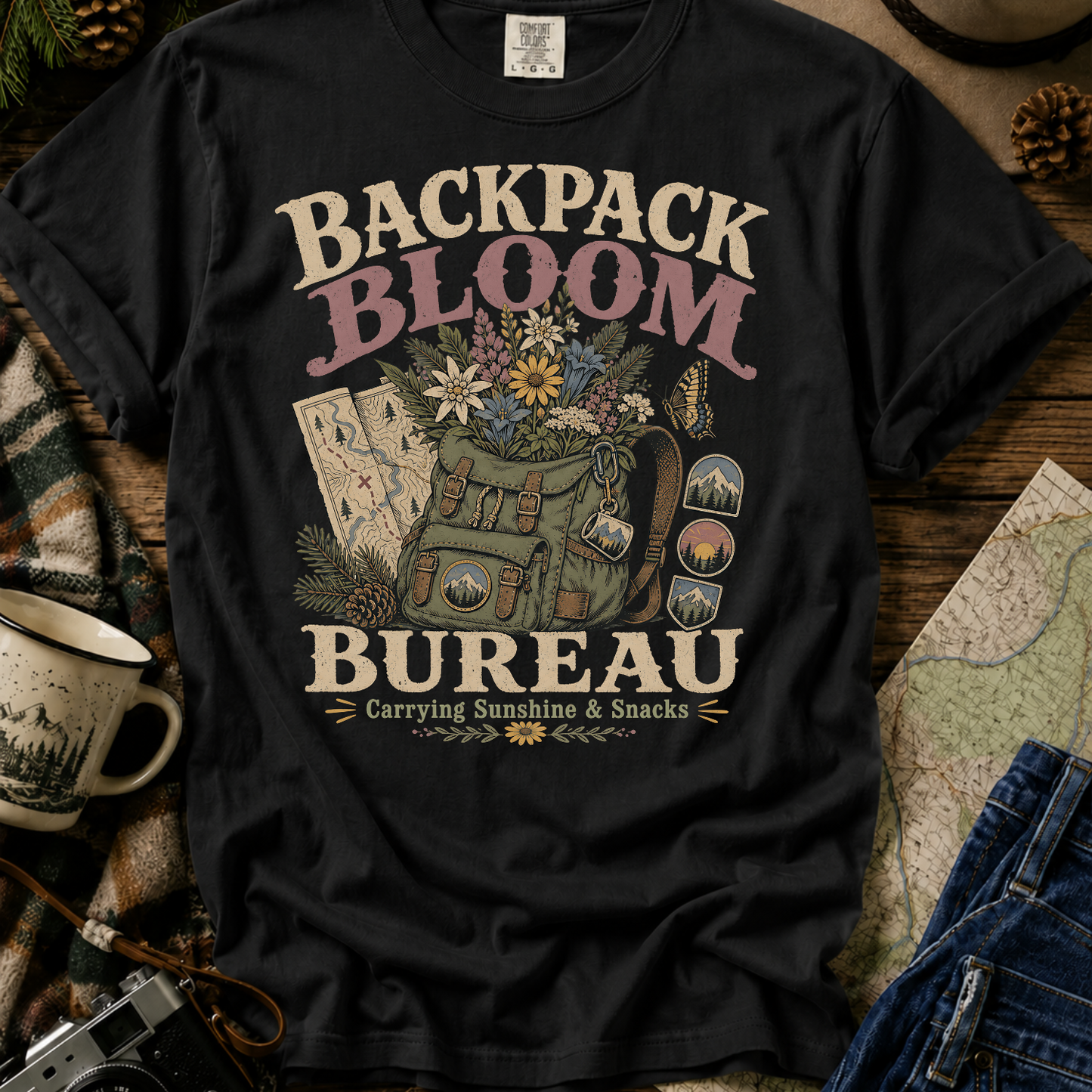 Backpack Bloom Bureau T-Shirt — Botanical Adventure Graphic Tee