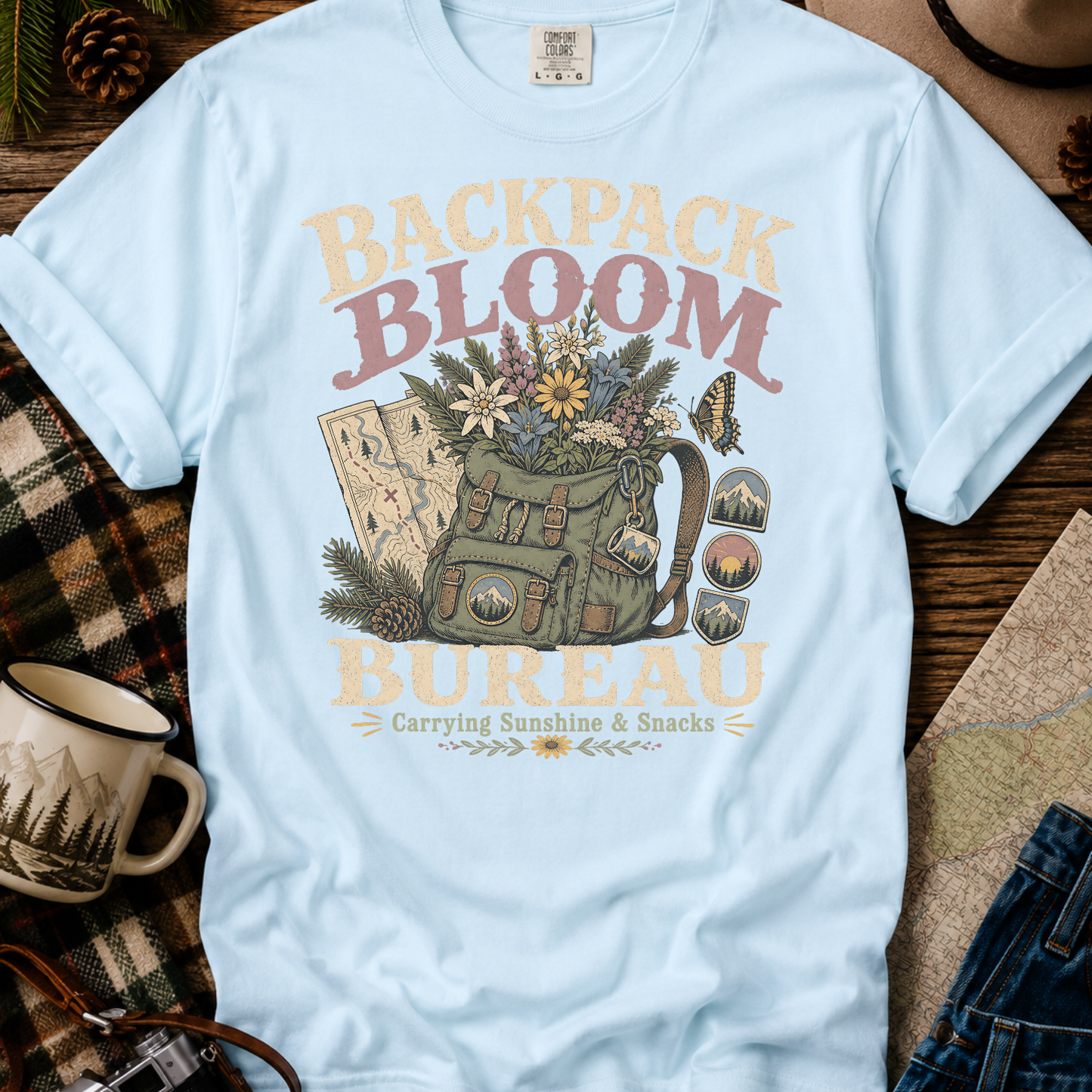 Backpack Bloom Bureau T-Shirt — Botanical Adventure Graphic Tee