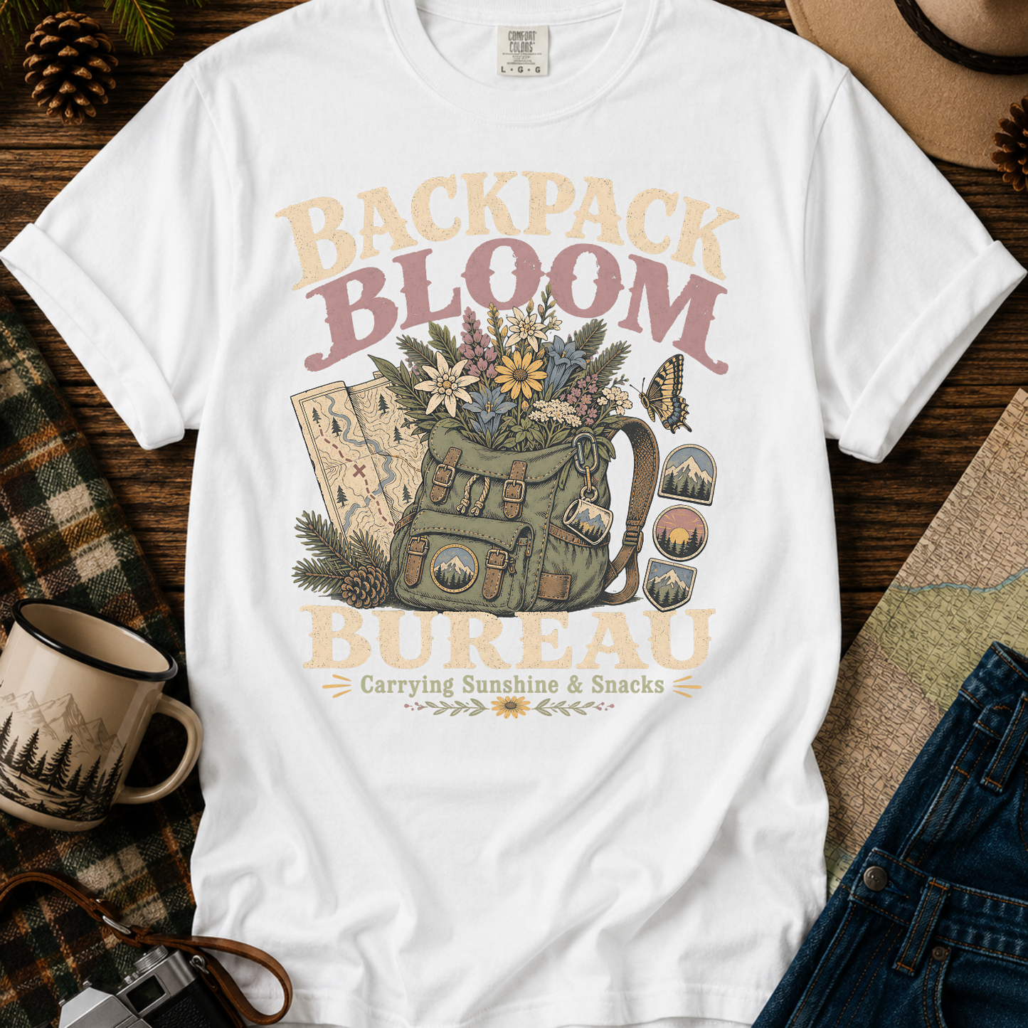 Backpack Bloom Bureau T-Shirt — Botanical Adventure Graphic Tee
