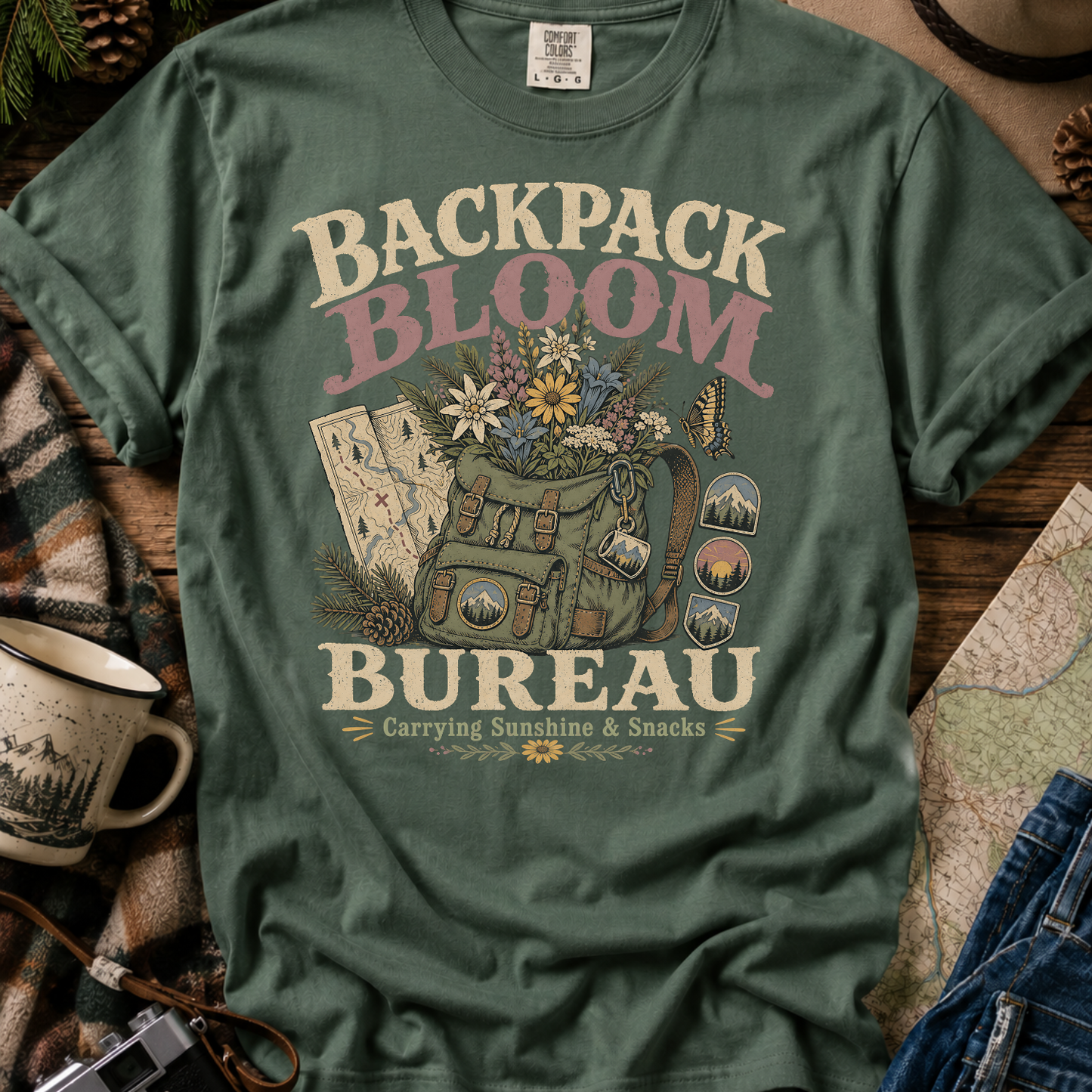Backpack Bloom Bureau T-Shirt — Botanical Adventure Graphic Tee