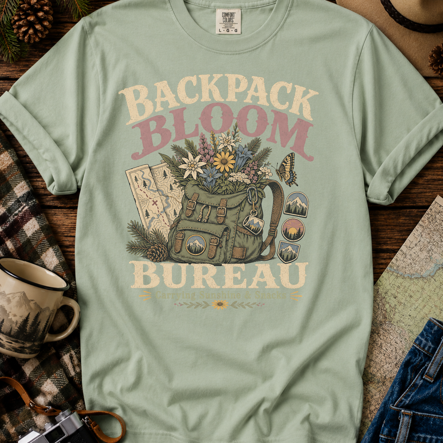 Backpack Bloom Bureau T-Shirt — Botanical Adventure Graphic Tee
