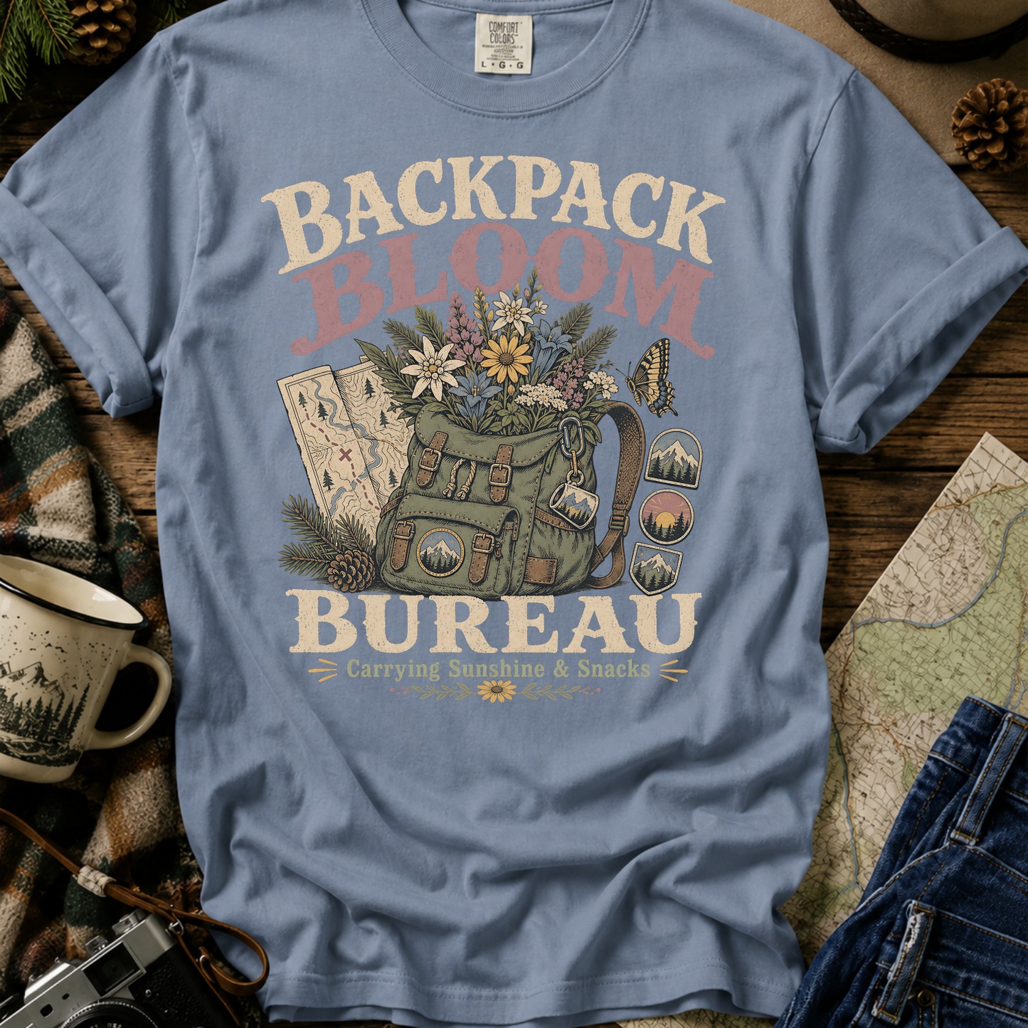 Backpack Bloom Bureau T-Shirt — Botanical Adventure Graphic Tee