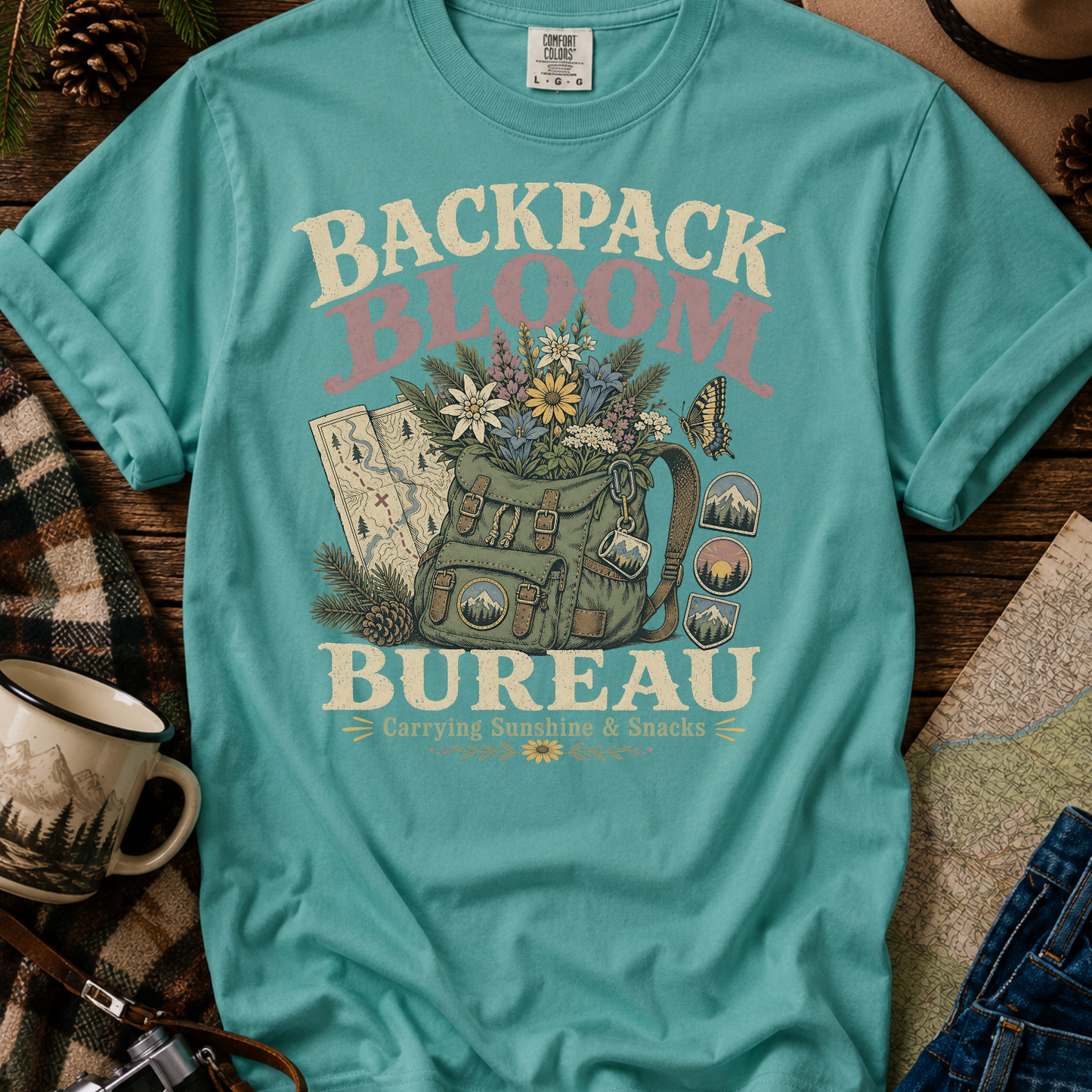 Backpack Bloom Bureau T-Shirt — Botanical Adventure Graphic Tee